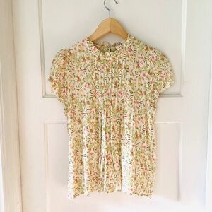 Rose+Olive women’s S micro floral rayon pleated ruffled blouse short sleeve top